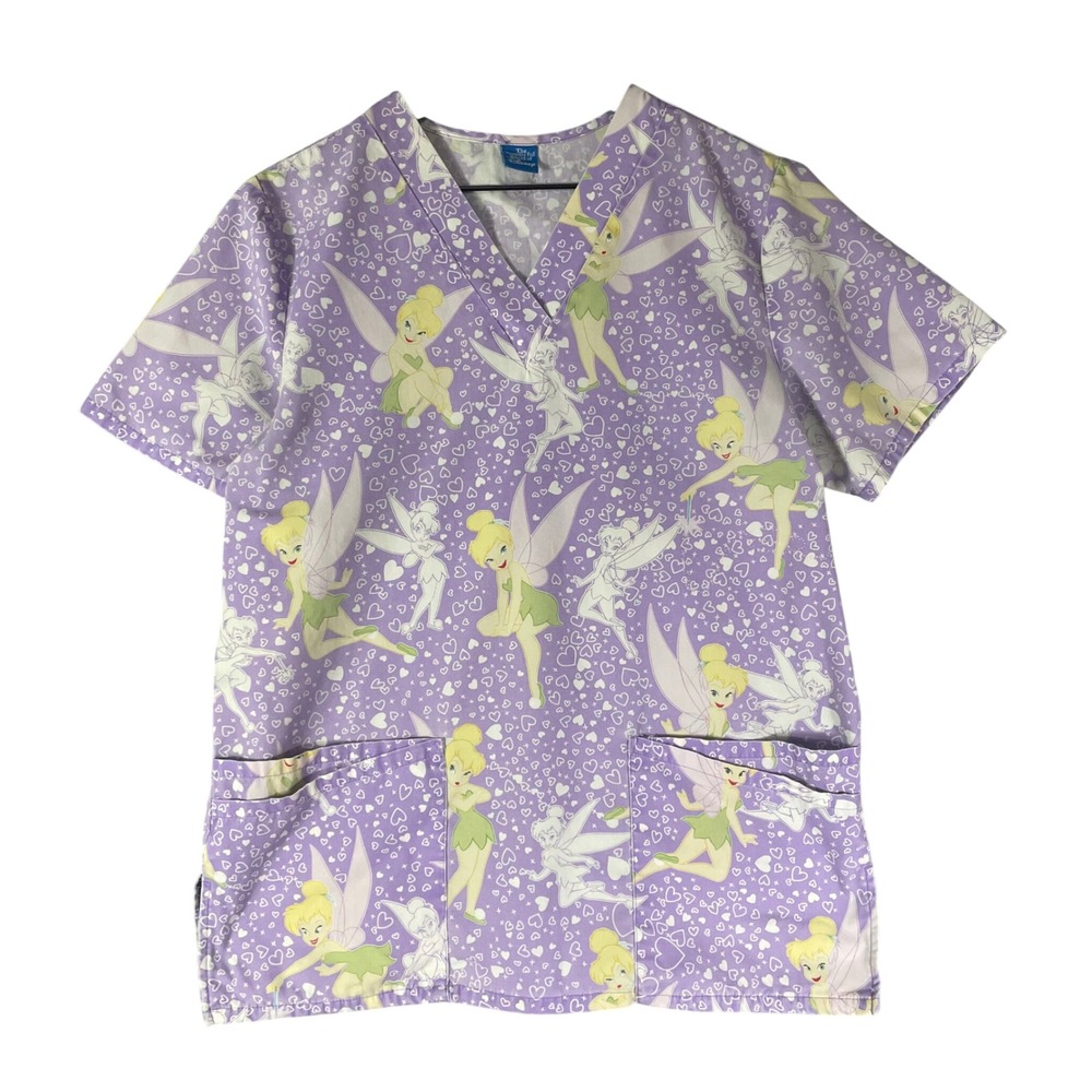Disney Tinker Bell Scrub Top Purple Fairy V-Neck Medical Uniform Womens M-L